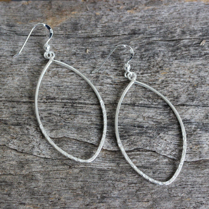 Sterling Silver Big Open Teardrop Beaten Hammered Hook Drop Earrings - STERLING SILVER DESIGNS