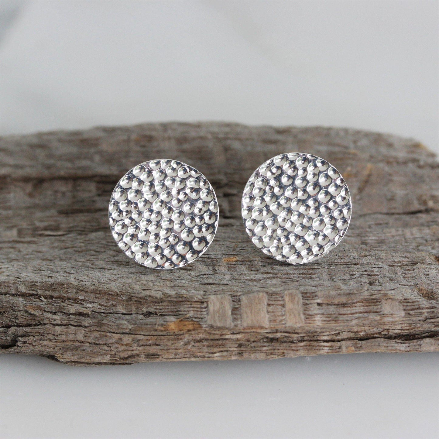 Sterling Silver Big 14mm Round Hammered Beaten Flat Disc Stud Earrings - STERLING SILVER DESIGNS