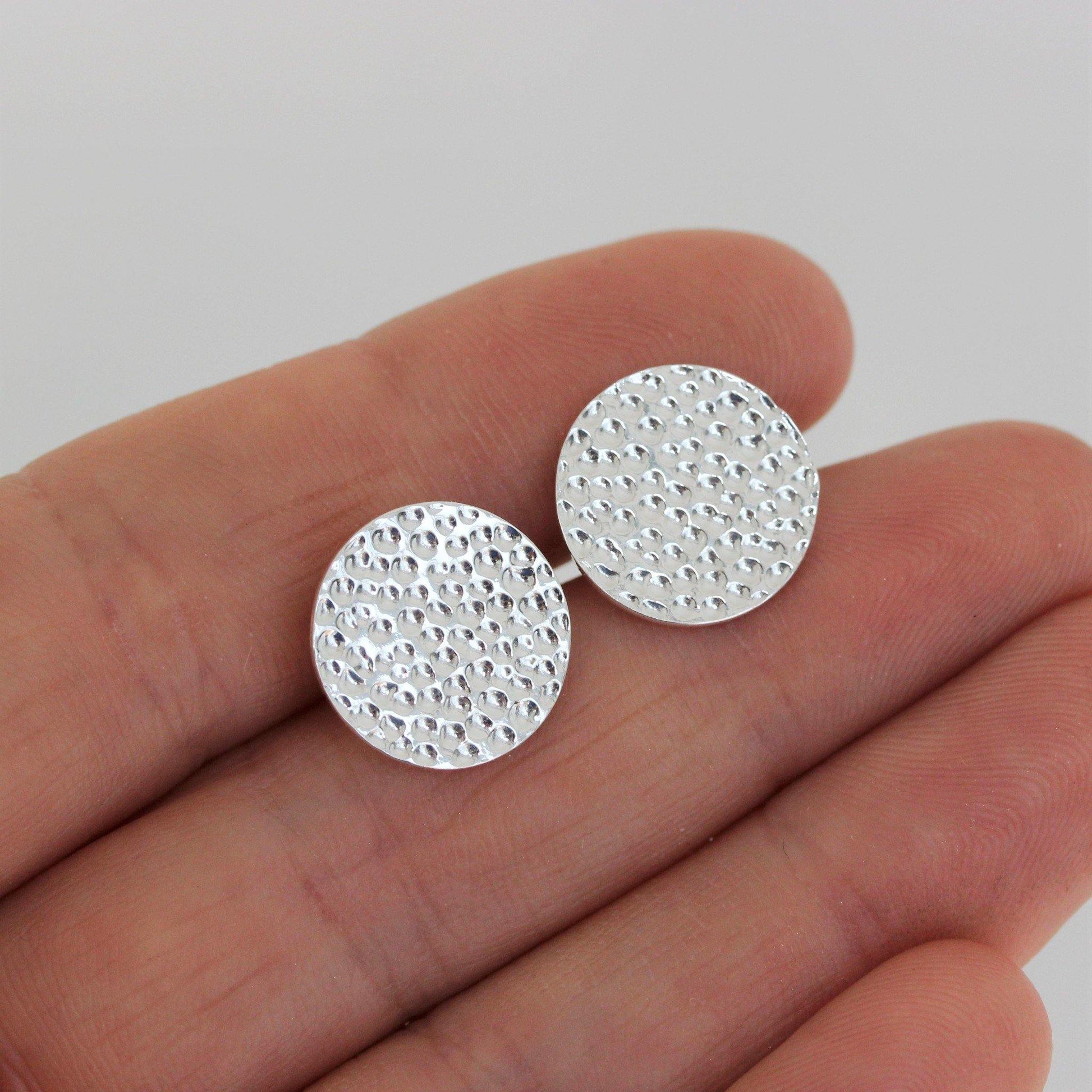 Sterling Silver Big 14mm Round Hammered Beaten Flat Disc Stud Earrings - STERLING SILVER DESIGNS