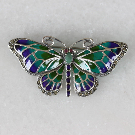 Butterfly Marcasite Emerald Enamel Brooch Pin Sterling Silver Vintage Inspired - STERLING SILVER DESIGNS