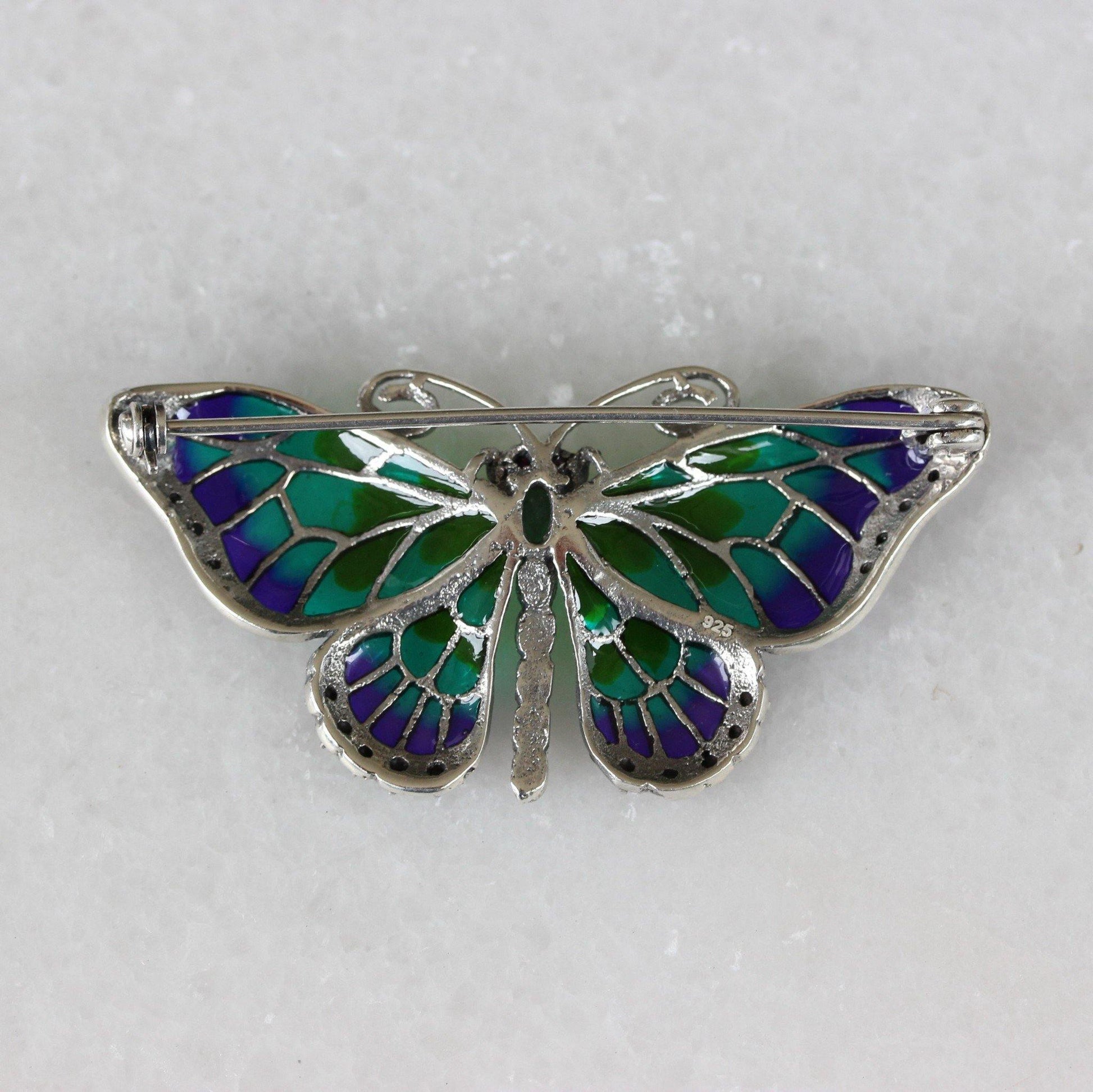 Butterfly Marcasite Emerald Enamel Brooch Pin Sterling Silver Vintage Inspired - STERLING SILVER DESIGNS