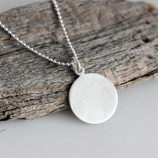 Sterling Silver 16mm Round Matt Brushed Finish Disc Pendant Necklace - STERLING SILVER DESIGNS