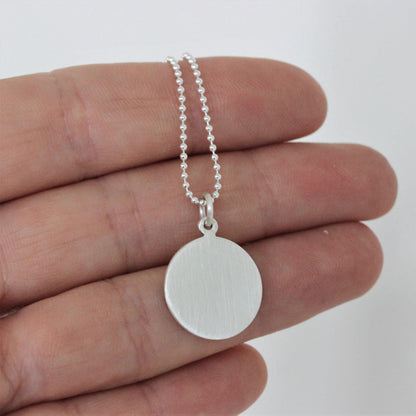 Sterling Silver 16mm Round Matt Brushed Finish Disc Pendant Necklace - STERLING SILVER DESIGNS