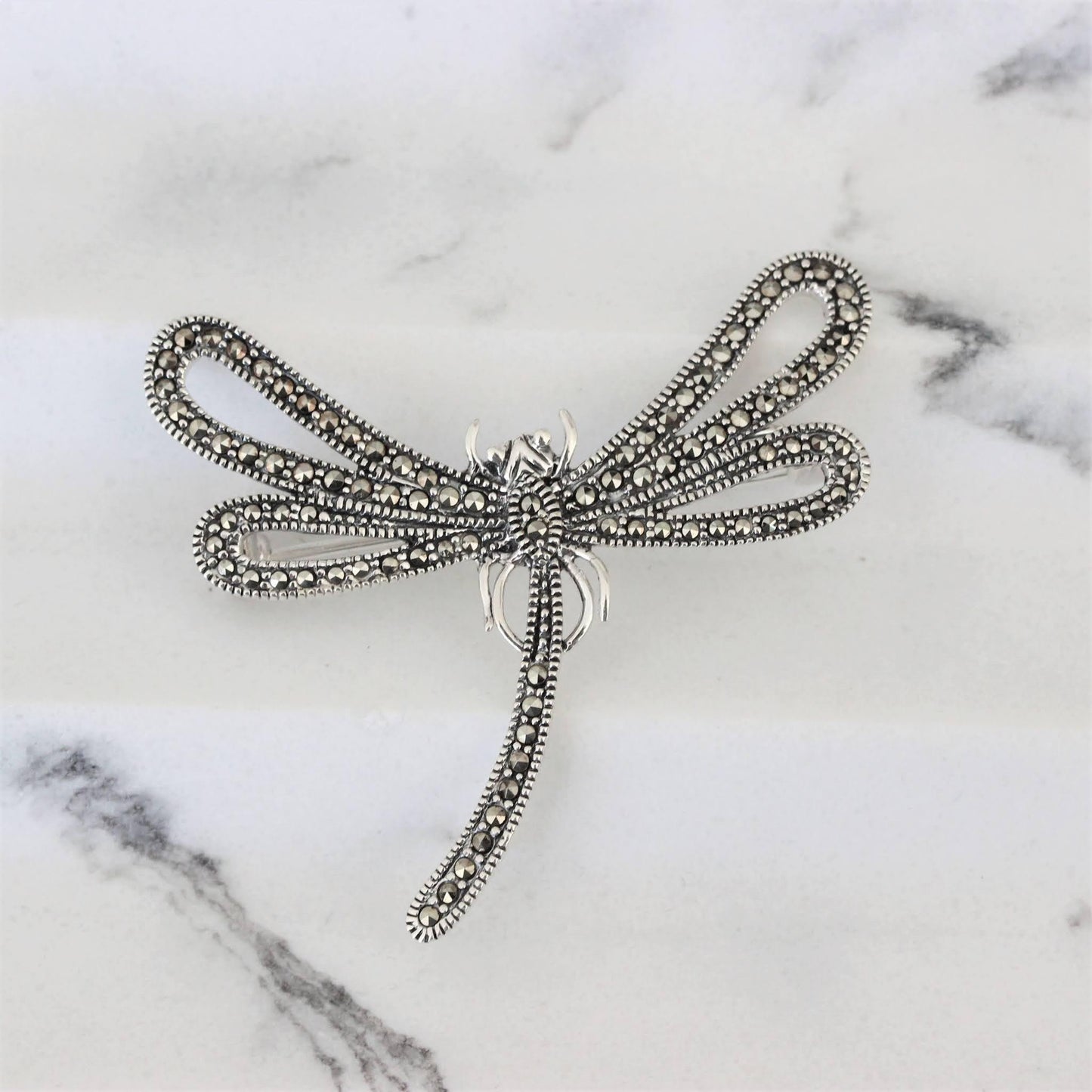 Sterling Silver Marcasite Big Dragonfly Brooch Animal Pin - STERLING SILVER DESIGNS