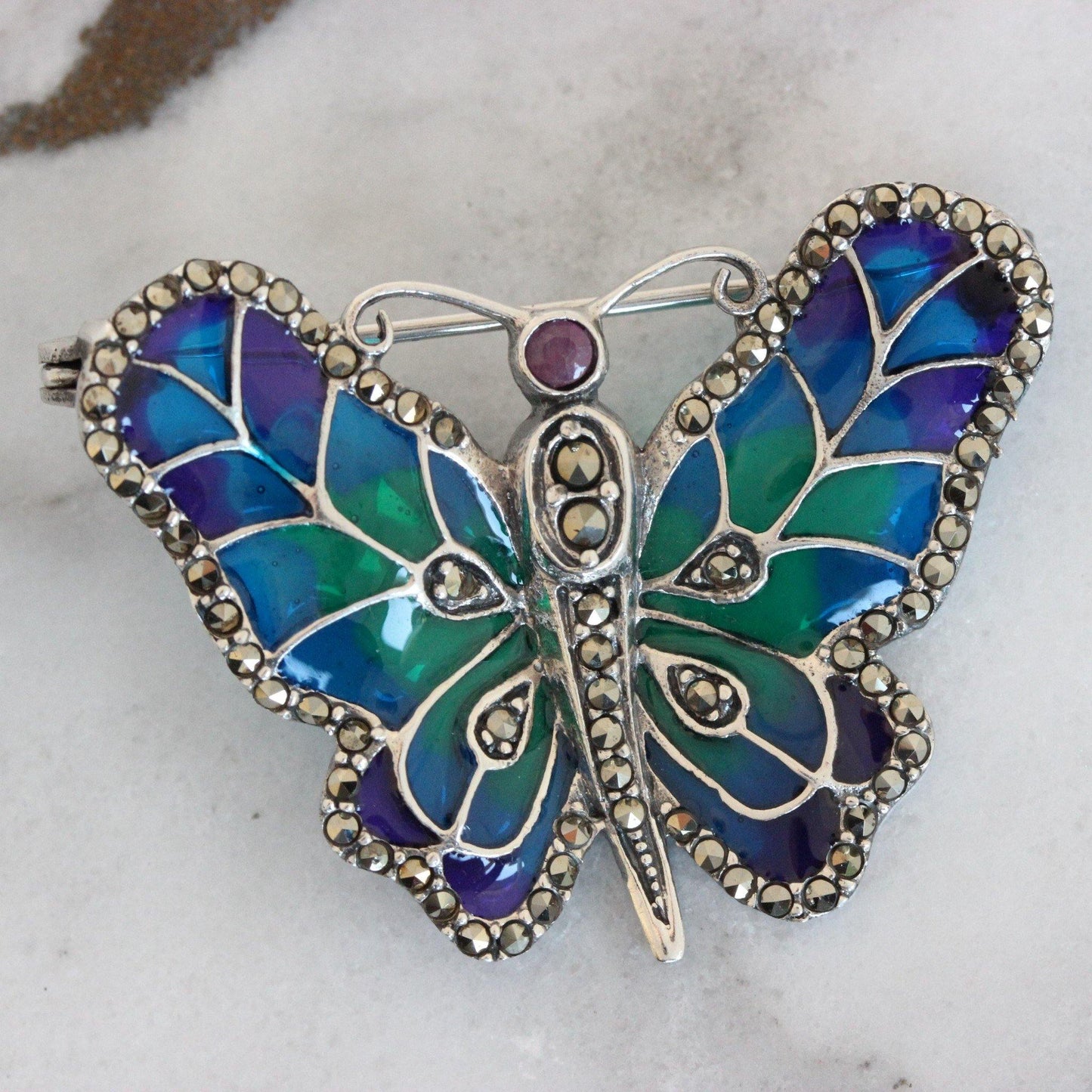 Marcasite Ruby Enamel Butterfly Brooch Pin Sterling Silver Vintage Inspired - STERLING SILVER DESIGNS