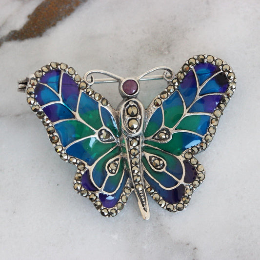 Marcasite Ruby Enamel Butterfly Brooch Pin Sterling Silver Vintage Inspired - STERLING SILVER DESIGNS