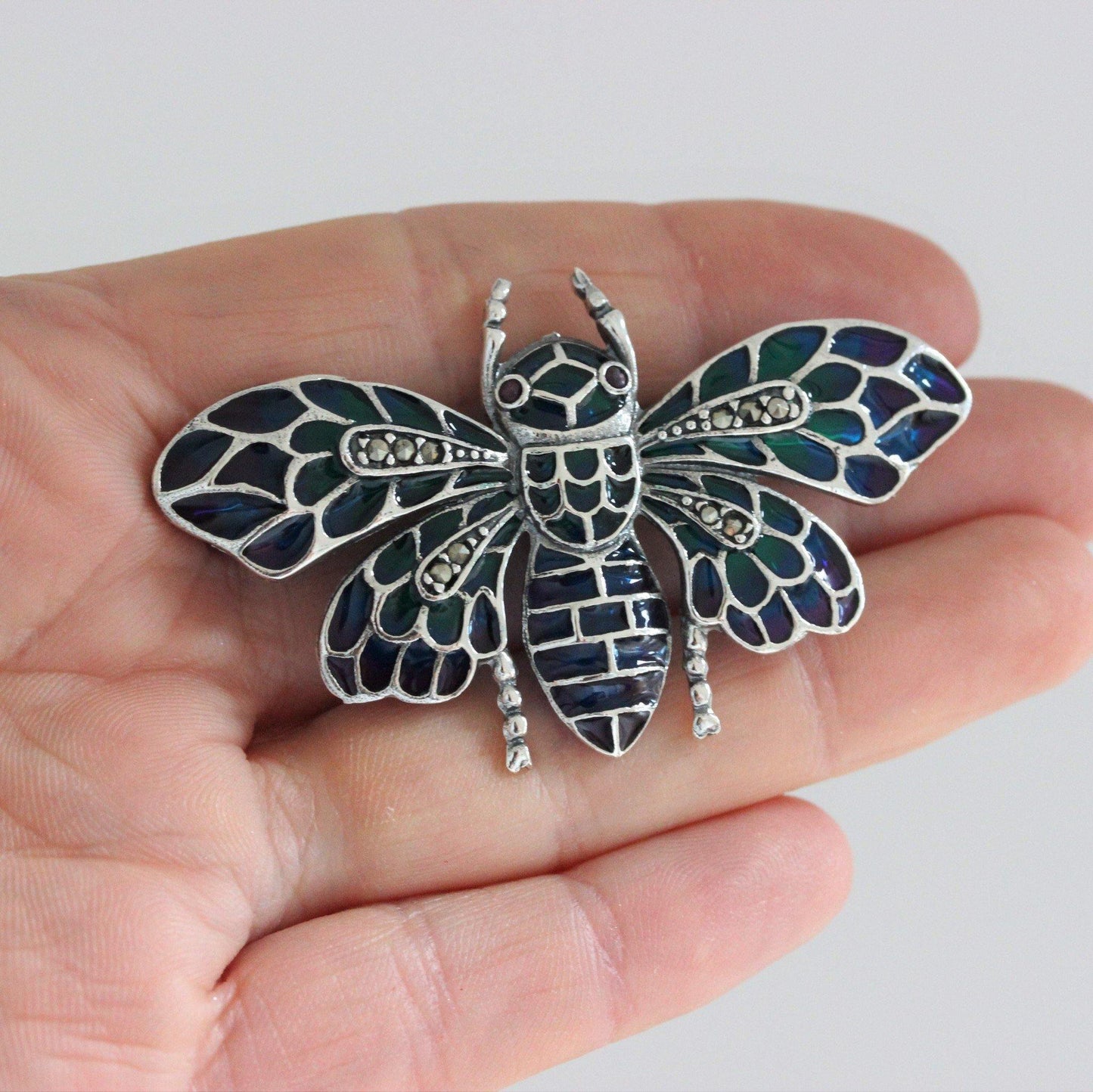 Sterling Silver Big Marcasite & Enamel Bee Bumblebee Brooch Pin Vintage Inspired - STERLING SILVER DESIGNS