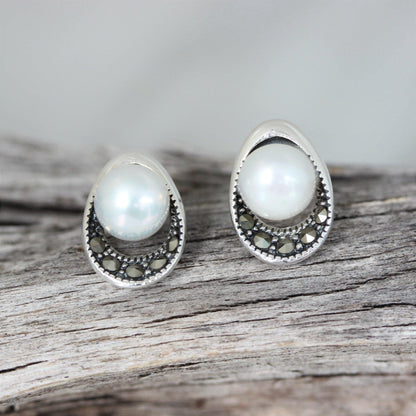 Sterling Silver Marcasite & Fresh Water Pearl Stud Earrings - STERLING SILVER DESIGNS