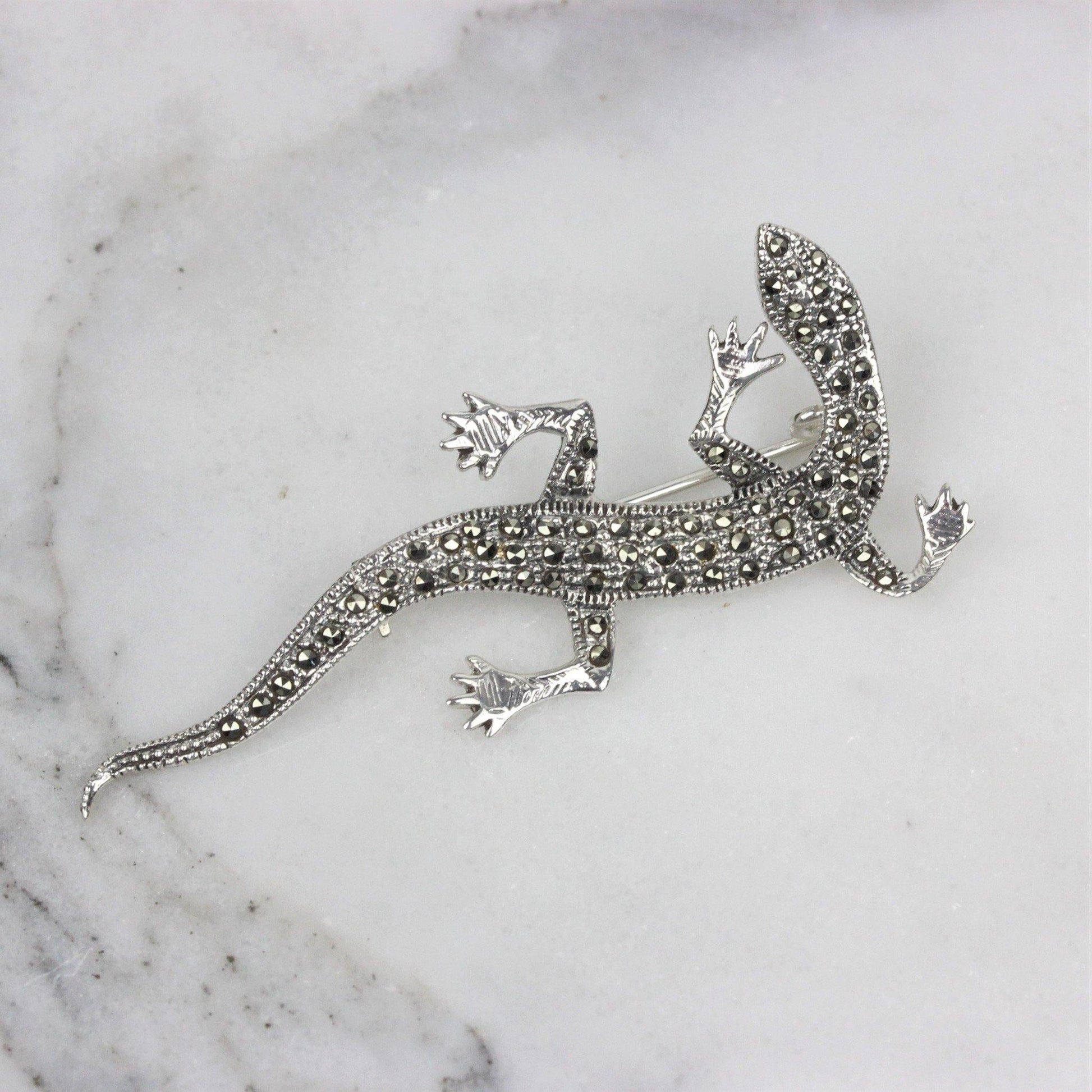 Sterling Silver Marcasite Lizard Gecko Brooch Pin Vintage Inspired - STERLING SILVER DESIGNS