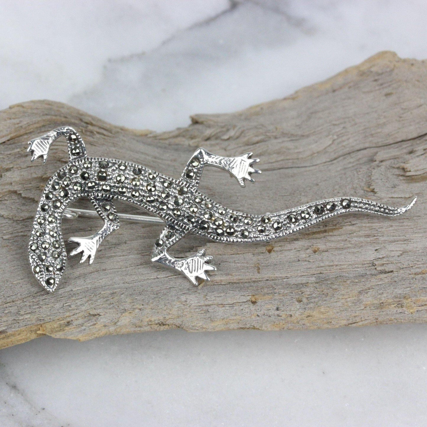 Sterling Silver Marcasite Lizard Gecko Brooch Pin Vintage Inspired - STERLING SILVER DESIGNS