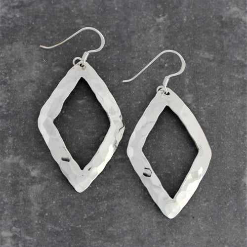 Sterling Silver Modern Hammered Beaten Drop Dangle Open Rhombus Earrings - STERLING SILVER DESIGNS