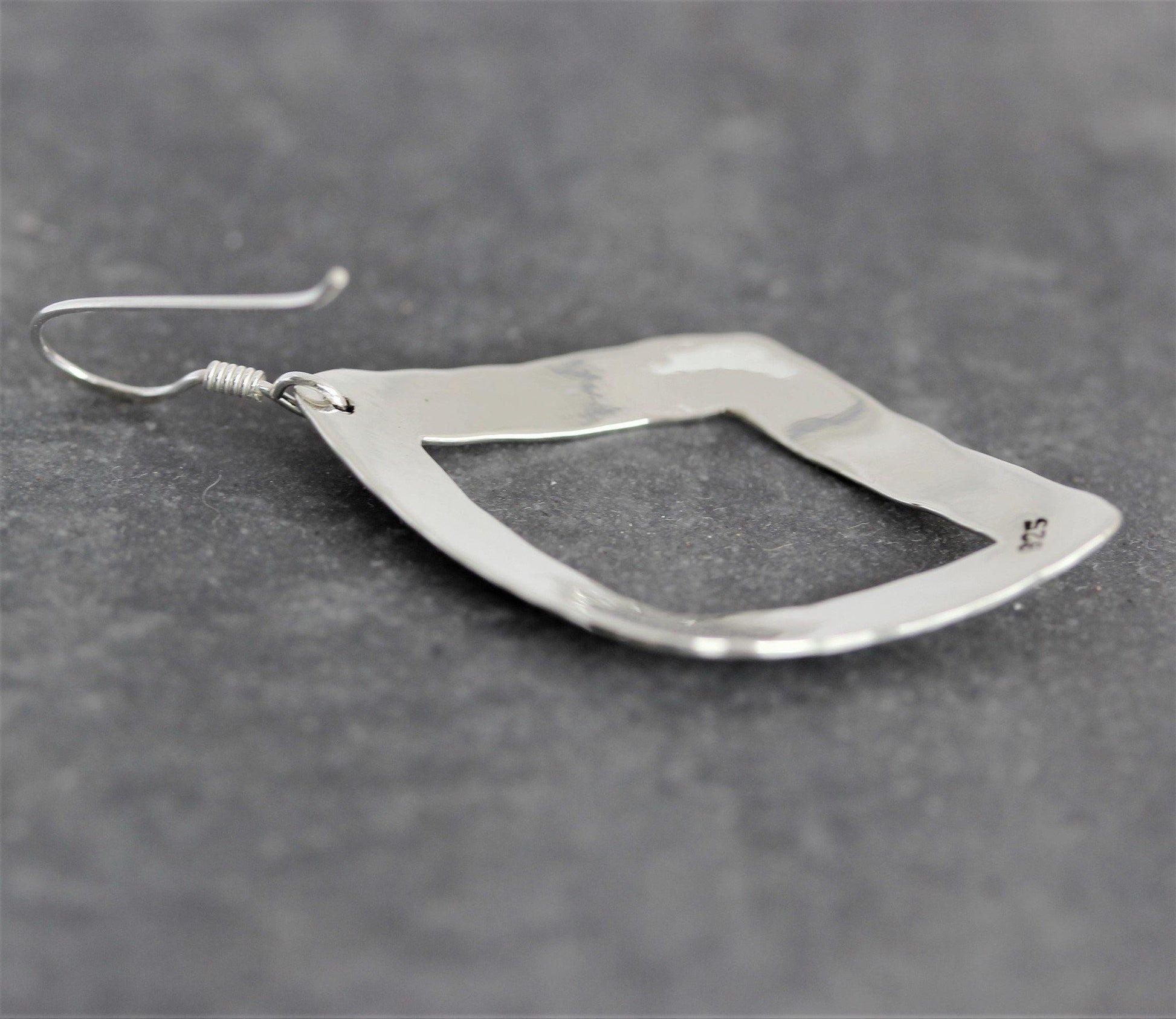 Sterling Silver Modern Hammered Beaten Drop Dangle Open Rhombus Earrings - STERLING SILVER DESIGNS