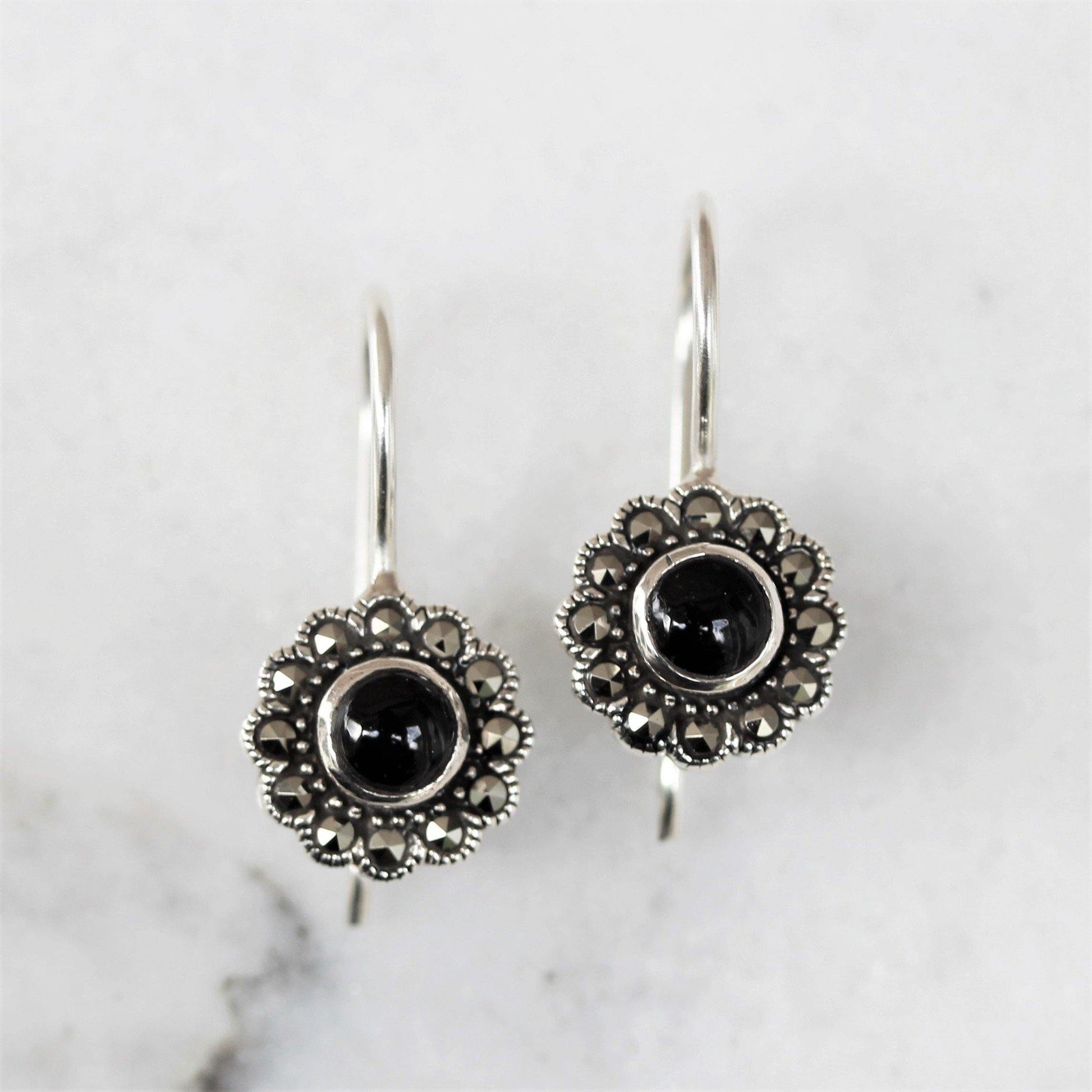 Sterling Silver Marcasite & Black Onyx 10mm French Hook Drop Earrings - STERLING SILVER DESIGNS